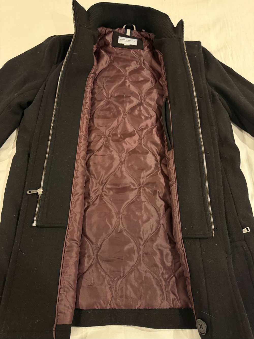 Cole Haan Men’s Black Wool Blend Coat with Zip Bib